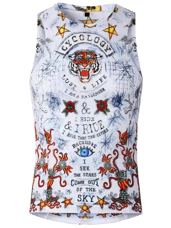 Men's graphic cycling tank top with tiger, stars, and bold text design for road rides