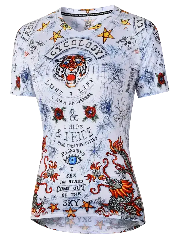 White cycling jersey with tiger, dragon, roses, and stars graphic print for men and women riders