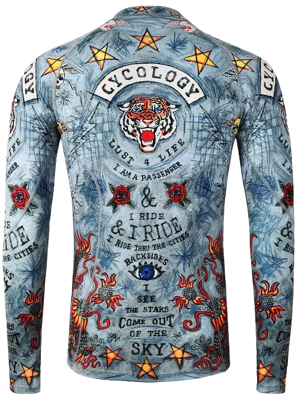 Men's long sleeve cycling jersey with tiger, stars, roses, and bold graphics for road biking adventures