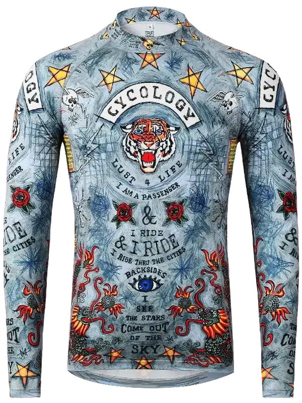 Men's long sleeve cycling jersey with tiger, stars, roses, and tattoo-style graphics on blue fabric