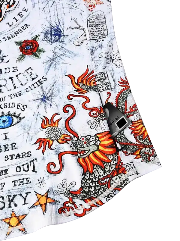 Men's cycling jersey with dragon, stars, and urban ride graphics on white fabric
