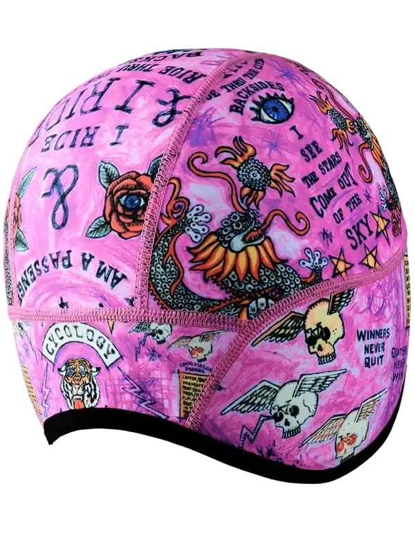 Pink cycling cap with dragon, skulls, roses, and tattoo-style graphics for men and women riders