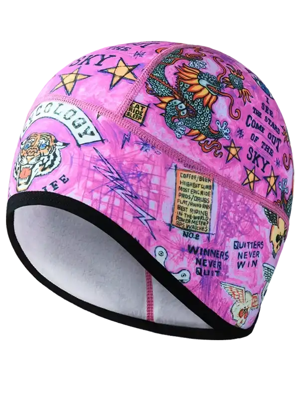 Pink cycling skull cap with dragon, tiger, stars, and motivational phrases for men's and women's bike rides