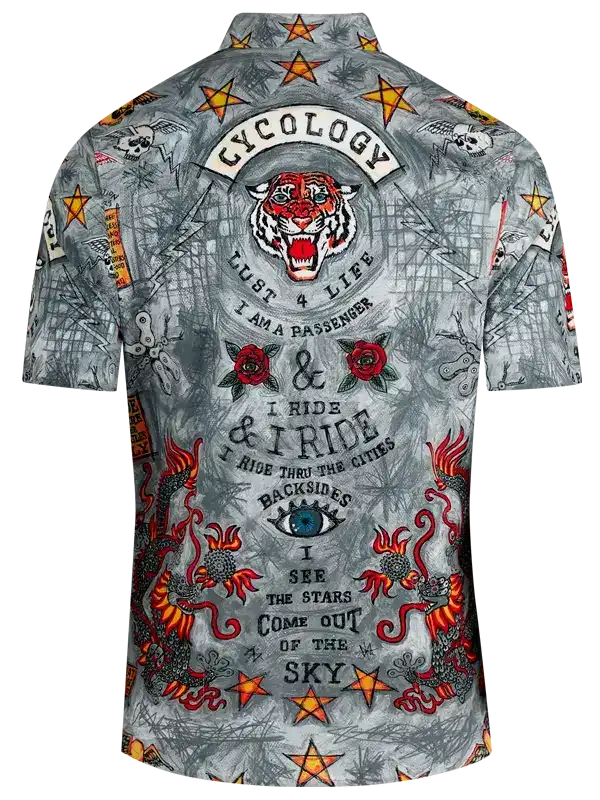 Men's cycling shirt with tiger, dragons, stars, and bold graphics for urban riders