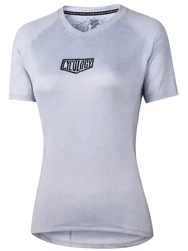 Light gray women's cycling jersey with black Cycology logo, short sleeves, and V-neck design