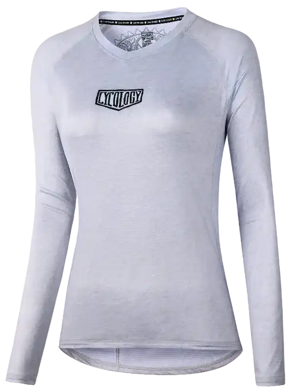 Light gray women's cycling jersey with long sleeves and brand logo, ideal for active rides