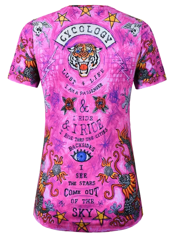 Pink cycling jersey with tiger, stars, and bold graphics for women's bike wear