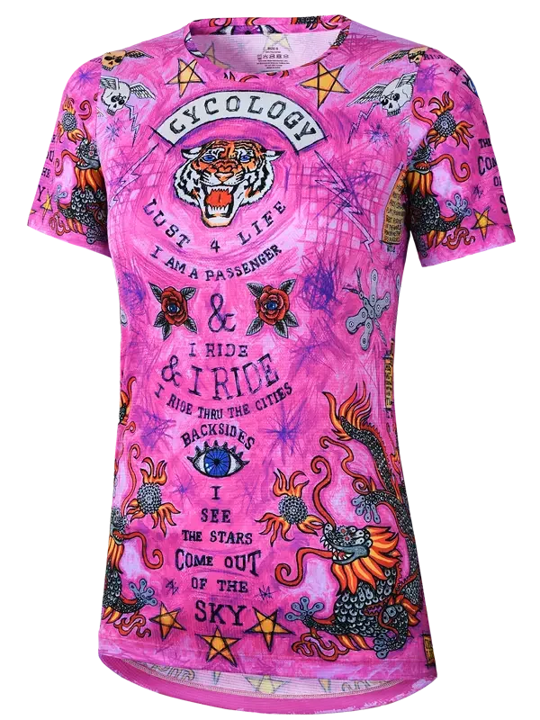 Vibrant pink women's cycling jersey with tiger, dragon, and star graphics, bold text design
