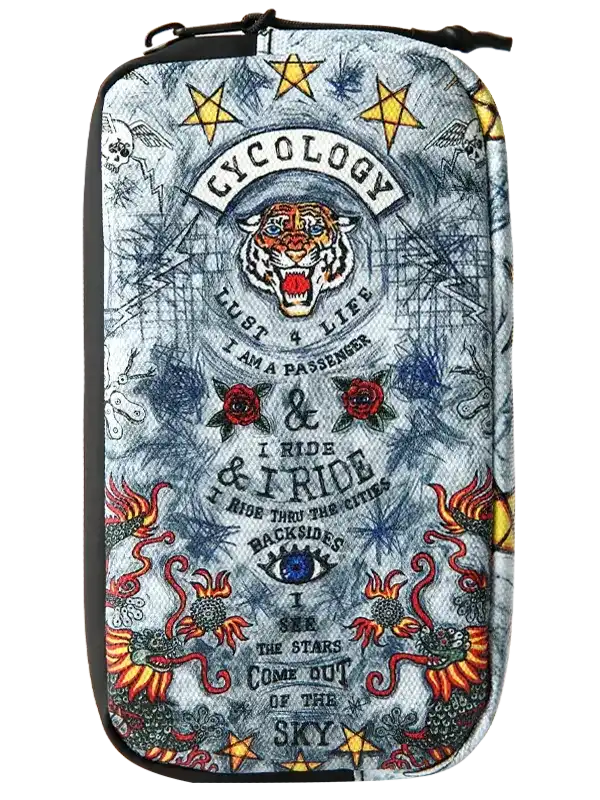 Cycology branded pouch with tiger, stars, roses, and cycling-themed art for riders