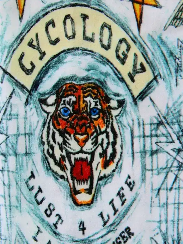 Tiger graphic cycling jersey with 'Cycology' and 'Lust 4 Life' design, bold colors, streetwear style