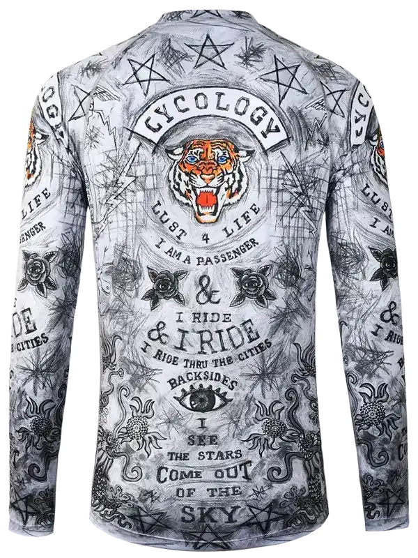 Men's cycling jersey with bold tiger graphic, stars, and edgy typography for urban riders
