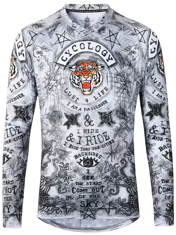 Men's long sleeve cycling jersey with tiger graphic, stars, and edgy typography design for road biking