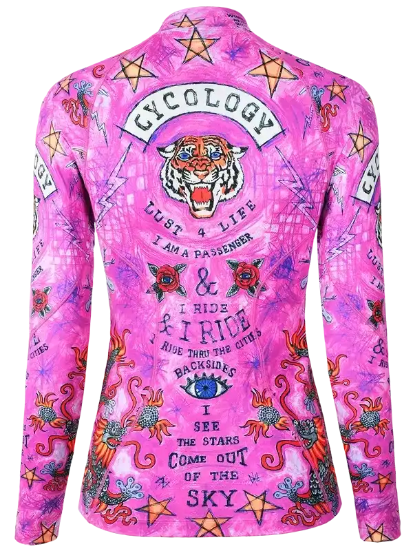 Vibrant pink cycling jersey with tiger, stars, roses, and bold text graphics for women's bike wear