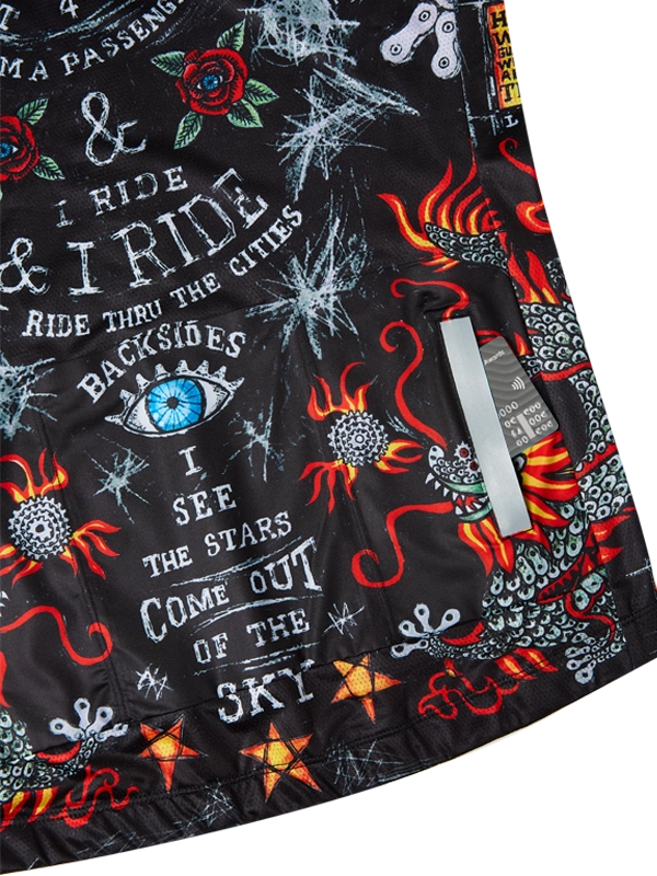 Black men's cycling jersey with colorful graphics and text, featuring a tiger and various designs.