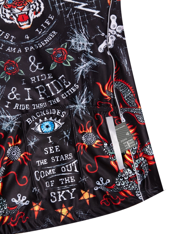 Colorful  winter cycling jersey with intricate designs and tiger on a black background
