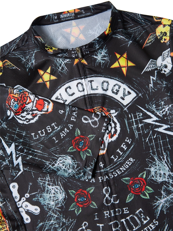 Black men's cycling jersey with colorful graphics and text, featuring a tiger and various designs.