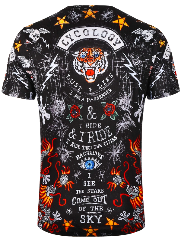 Black tech  t-shirt with colorful graphic design featuring text, tiger and symbols