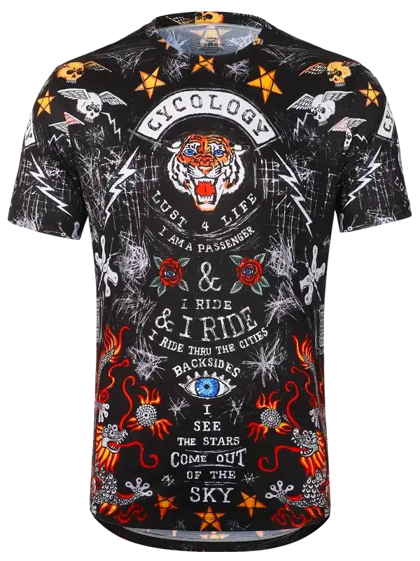 Men's cycling jersey with tiger, skulls, and bold graphics for road biking adventures