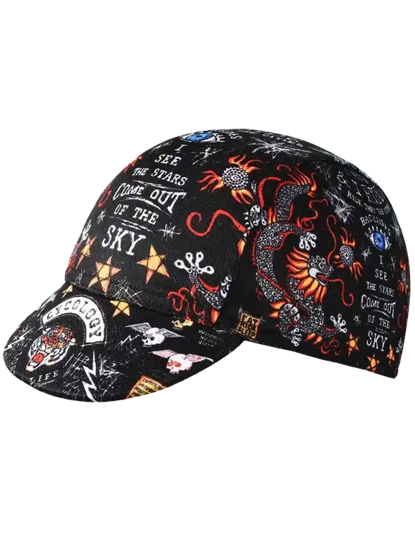 Black cycling cap with dragon, stars, and 'I see the stars come out of the sky' print design
