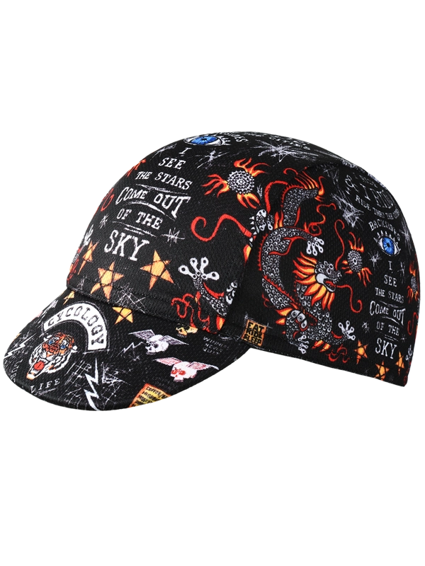 Black cycling cap with colorful designs and text 