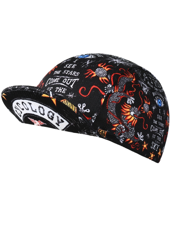 Black cycling cap with colorful designs and text 