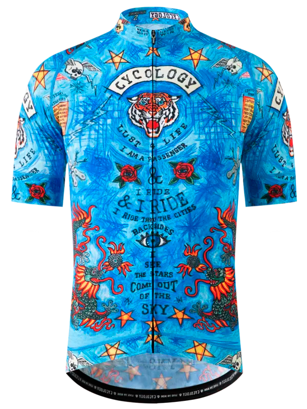 Blue cycling jersey with tattoos and text design, featuring the brand 'Cycology'.
