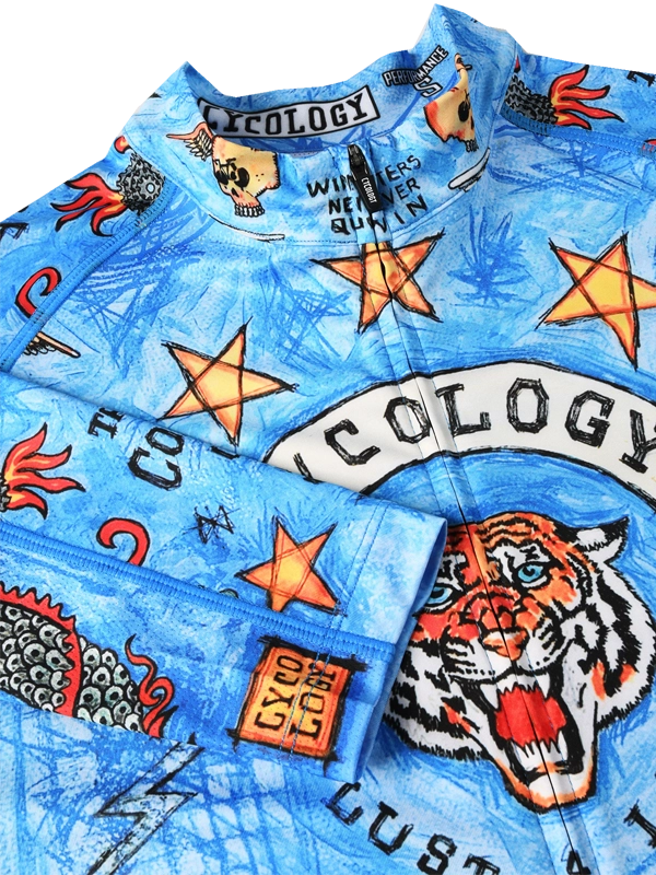 Blue men's long sleeve cycling jersey with colorful tattoo-style graphics and 'Cycology' branding