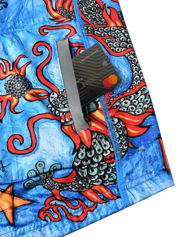 Back Pockets on Blue men's long sleeve cycling jersey with colorful graphics and text