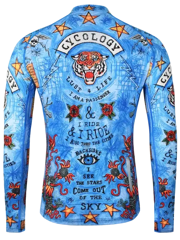 Blue long sleeve cycling jersey with tiger, stars, roses, and bold graphics for men's or women's bike rides
