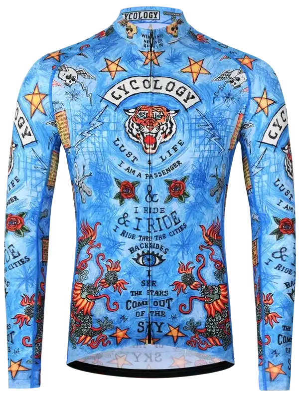 Blue cycling jersey with tiger, stars, roses, and bold text designs for men and women riders.