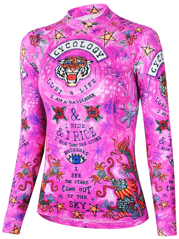 Pink long-sleeve cycling base layer  with colorful graphics and text 