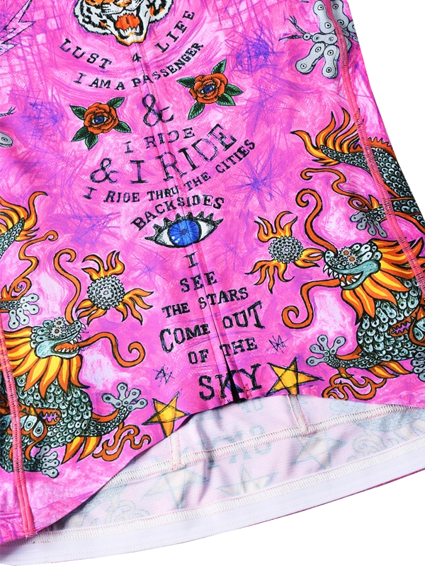 Pink long sleeve cycling jersey with colorful graphics and text, featuring a tiger design and 'Cycology' branding.