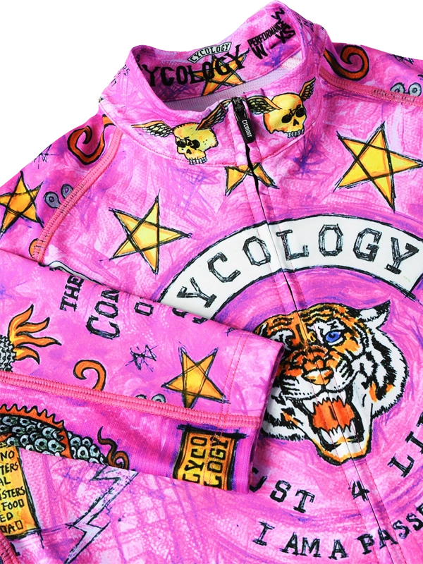 Pink long sleeve cycling jersey with colorful graphics and text, featuring a tiger design and 'Cycology' branding.