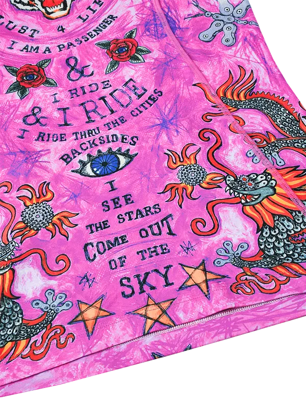 Pink long-sleeve cycling base layer  with tiger design and colorful graphics and text 
