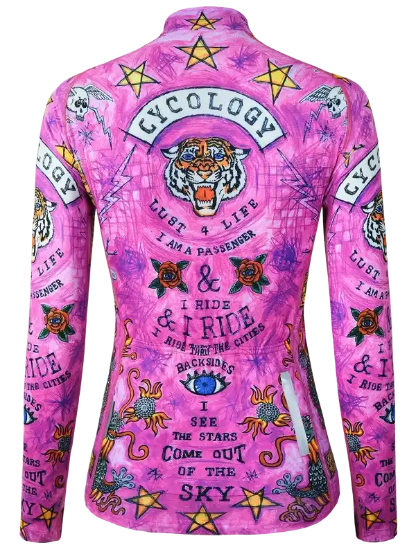 Vibrant pink cycling jersey with tiger, stars, roses, and bold text graphics for women's road biking.