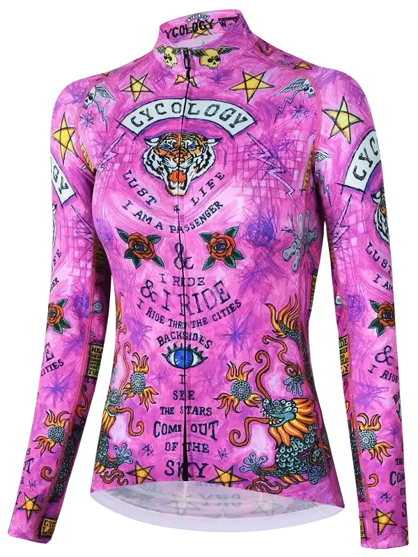 Pink women's cycling jersey with tiger, stars, roses, and tattoo-style graphics for road biking