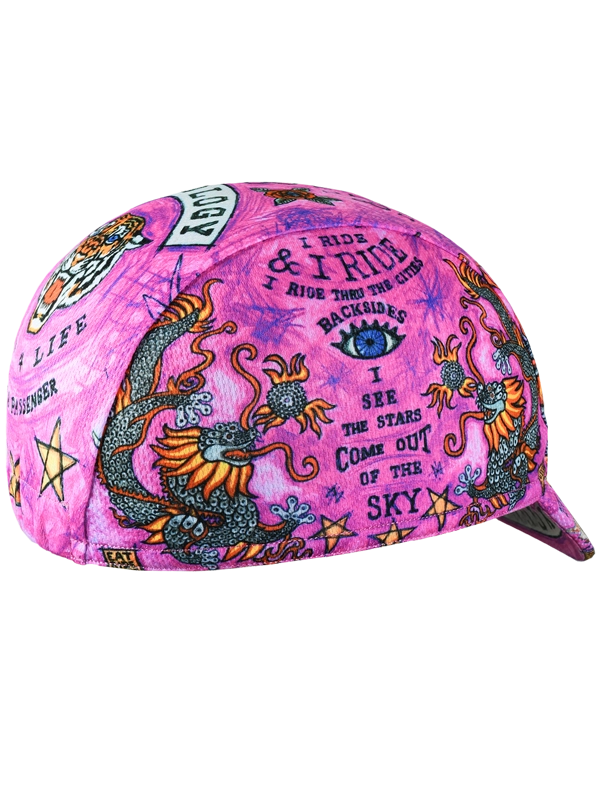 Pink  cycling cap with colorful designs and text 