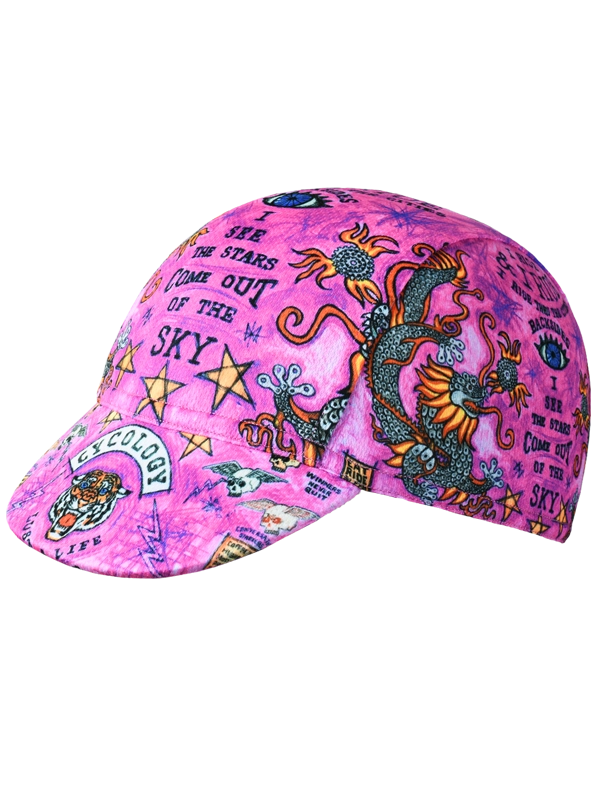 Pink  cycling cap with colorful designs and text 