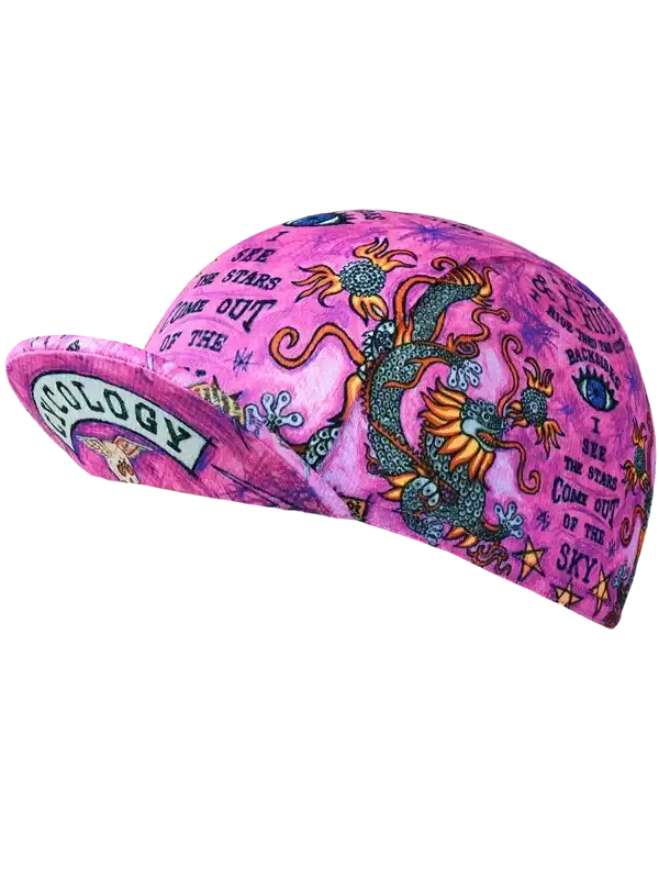Pink cycling cap with dragon design and 'I see the stars' text, ideal for bike rides and outdoor adventures.