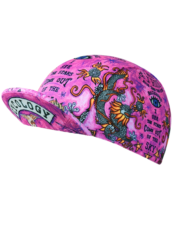Pink  cycling cap with colorful designs and text 
