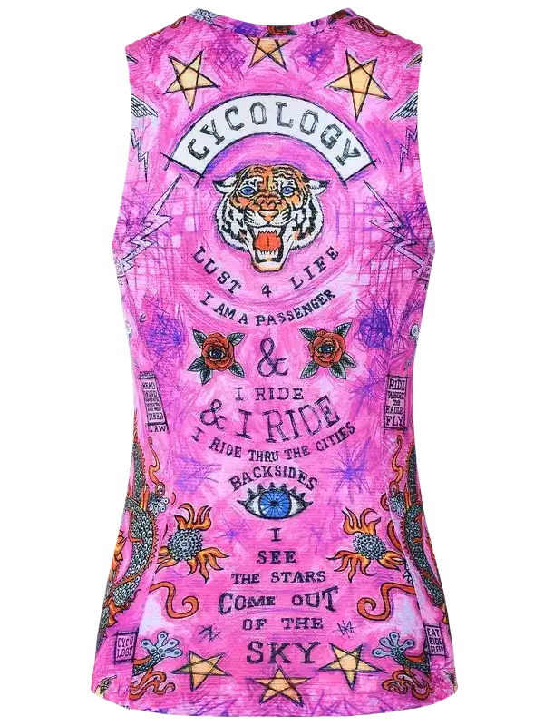 Pink cycling tank top with tiger, stars, and 'I ride' graphic design for women's bike apparel