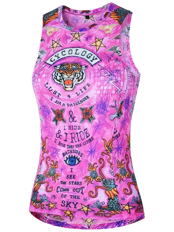 Vibrant pink women's cycling tank top with tiger, stars, and psychedelic graphics for road rides