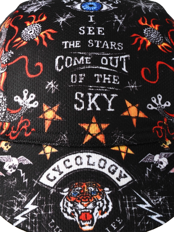 Cap with celestial design, text, and logo on a black background