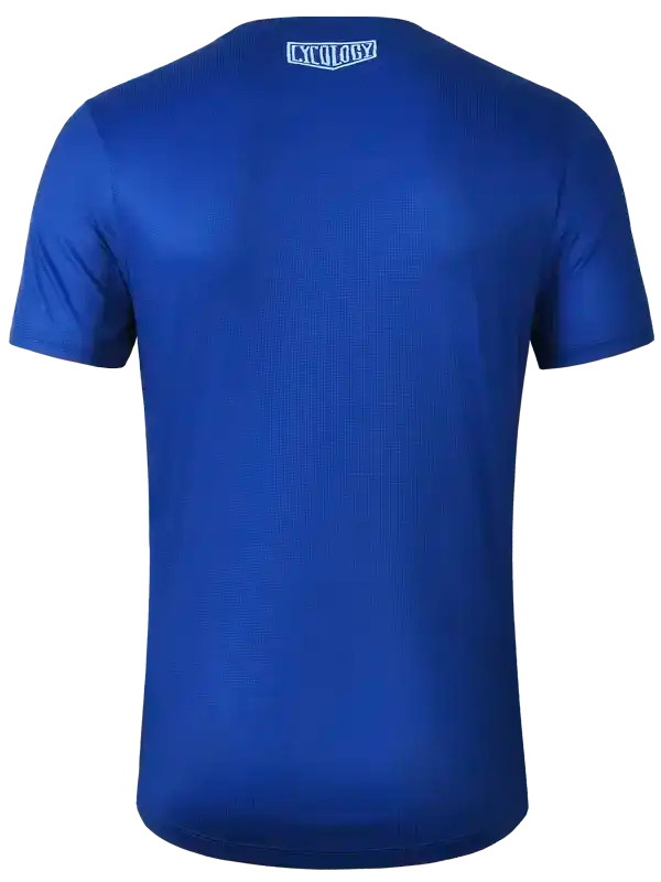 Blue men's cycling jersey with textured fabric and small logo at neckline