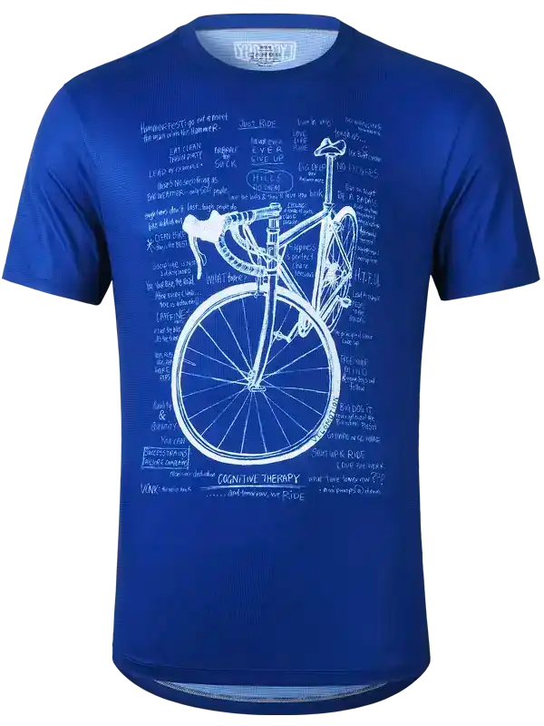 Blue cycling jersey with white bicycle blueprint design and motivational cycling phrases for men and women