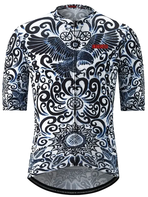 Men's cycling jersey with bold black and white swirl pattern, featuring eagle and bike graphics, ideal for road cycling.