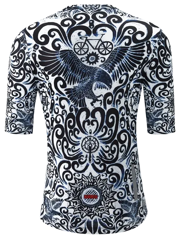 Men's cycling jersey with bold black and white eagle and bike graphic design, ideal for road biking