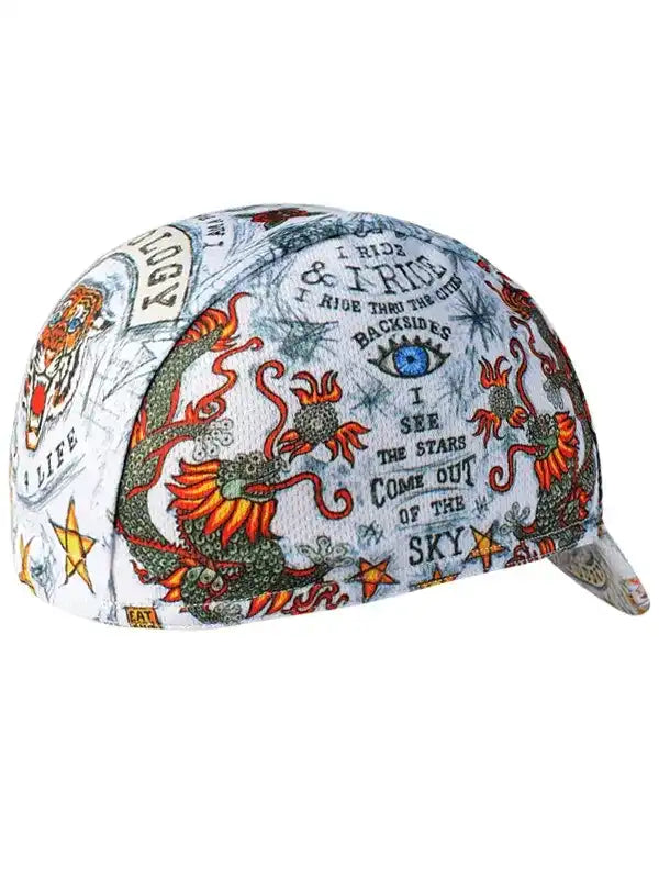 Cycling cap with dragon, stars, and bold text design for men and women riders