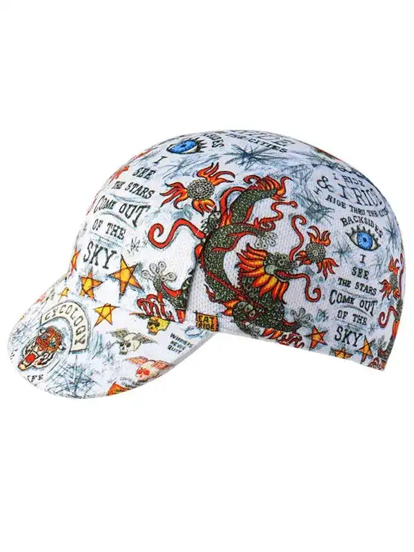 Cycling cap with dragon, stars, and sky-themed print for men and women riders