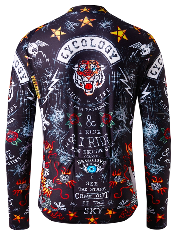 Colorful  winter cycling jersey with intricate designs and tiger on a black background